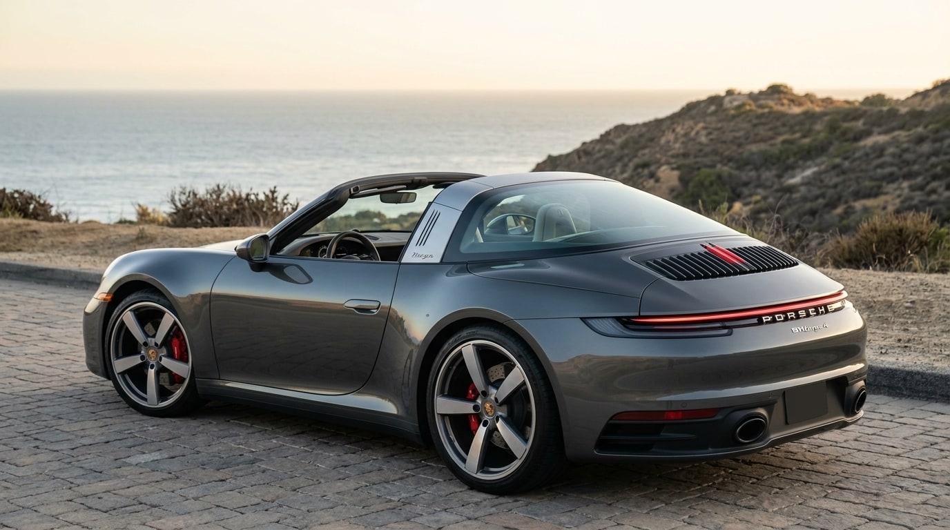 Grey Porsche 911 Targa from the rear three-quarter with the roof stowed above Malibu