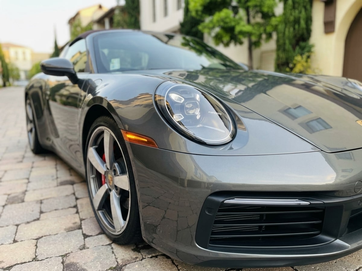 Round LED headlamp and front wing of the grey Porsche 911 Targa