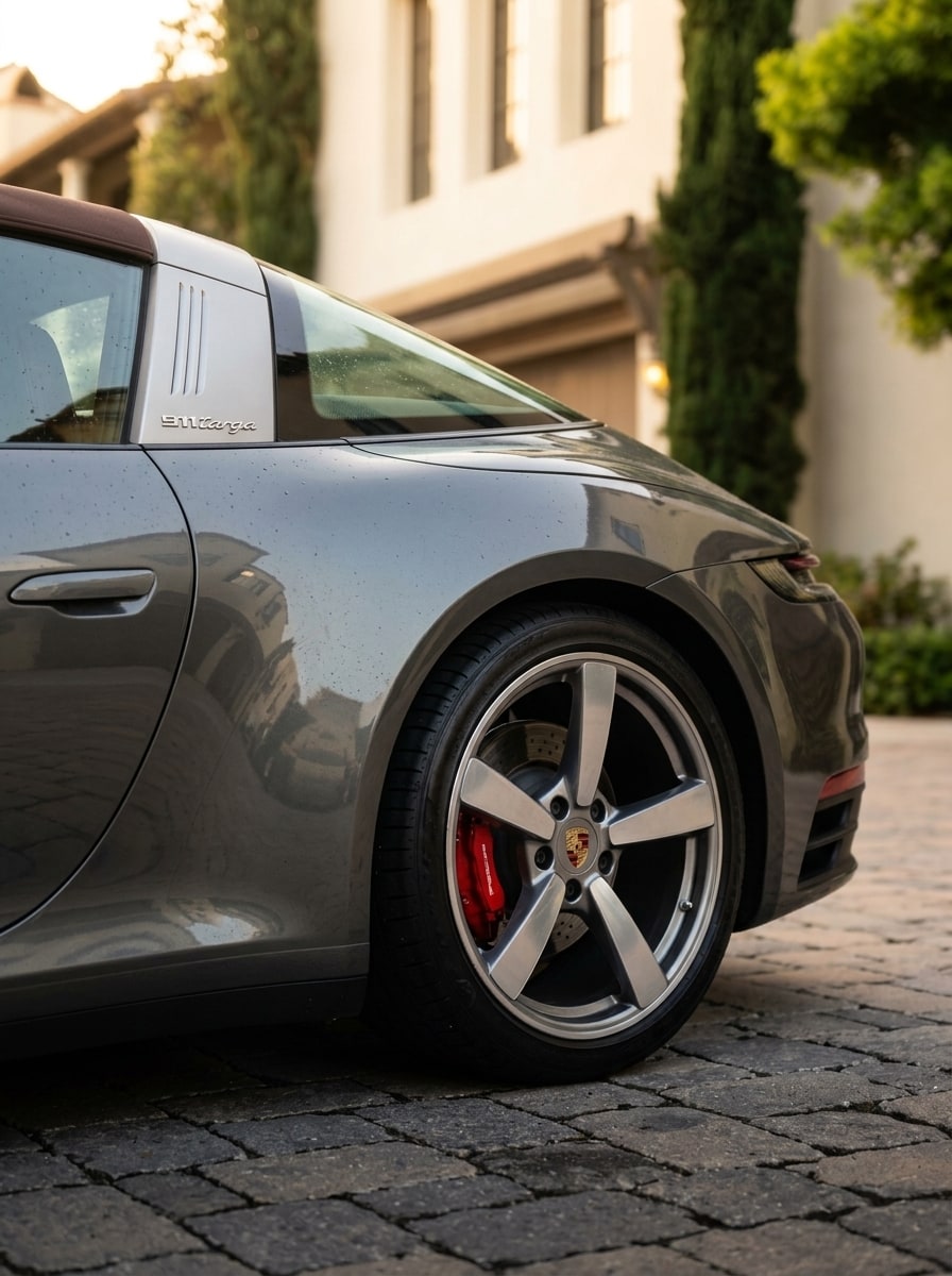 Rear wheel and Targa hoop of the grey Porsche 911 Targa