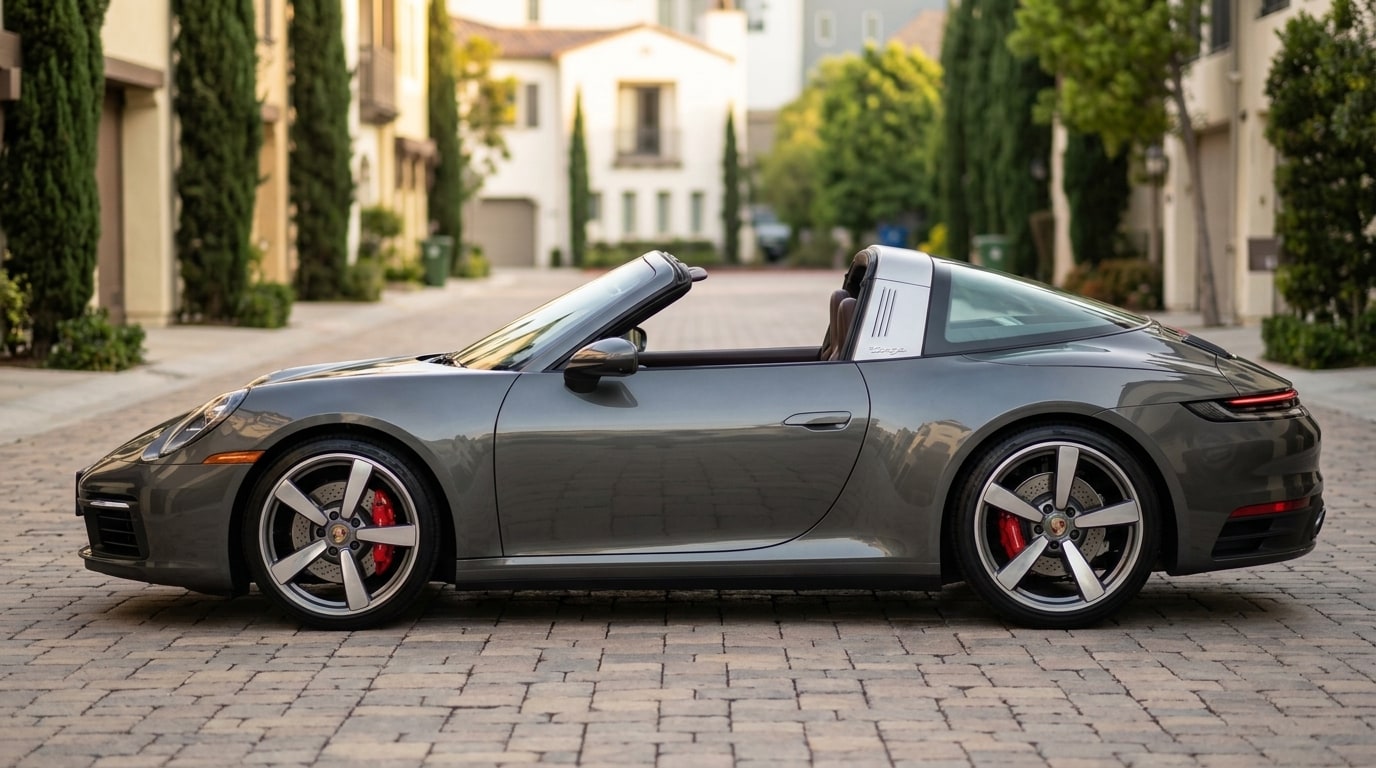 Grey Porsche 911 Targa in profile with the roof stowed