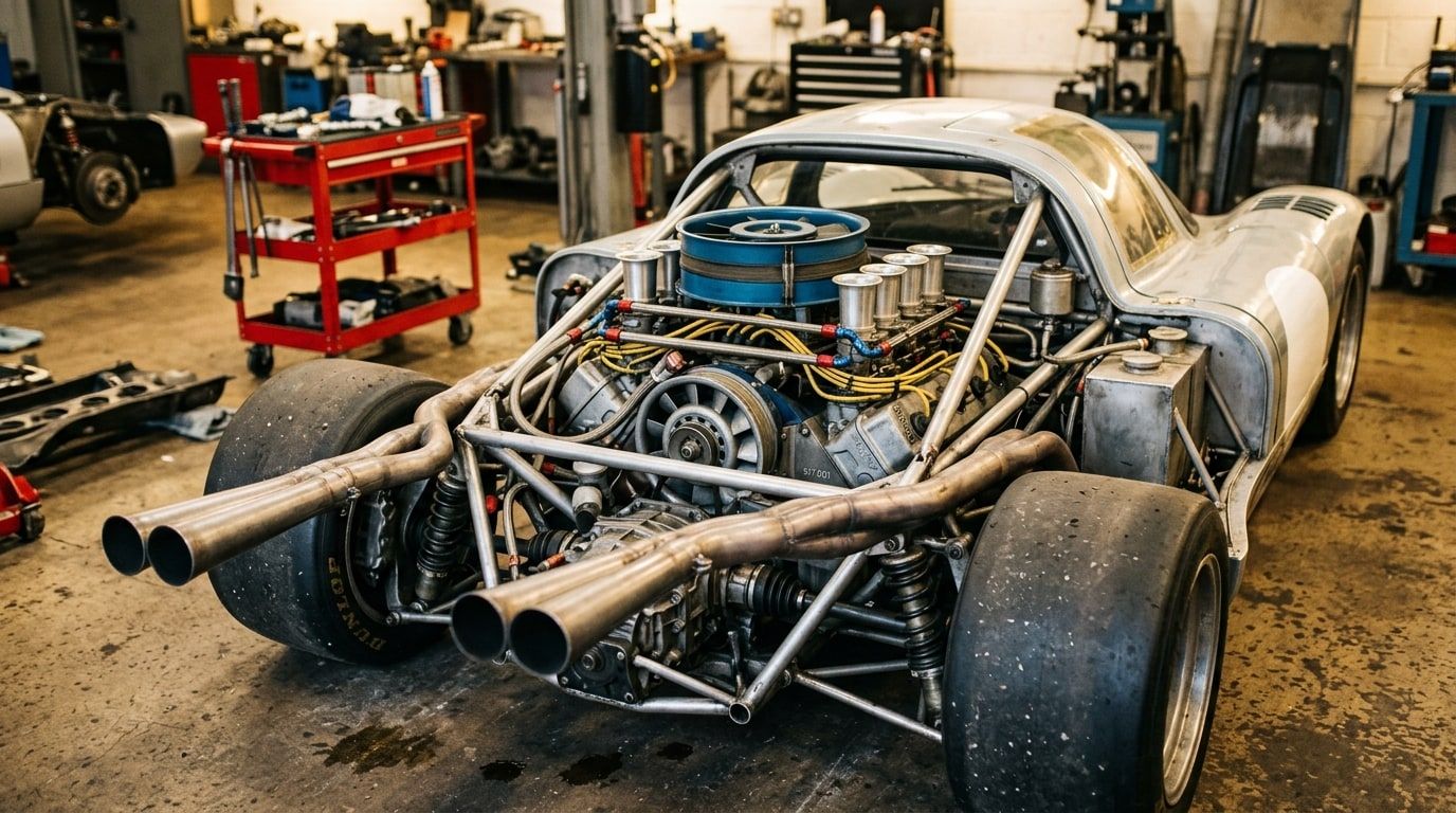 Air-cooled flat-twelve racing engine of a Porsche 917 seen from behind with the bodywork removed