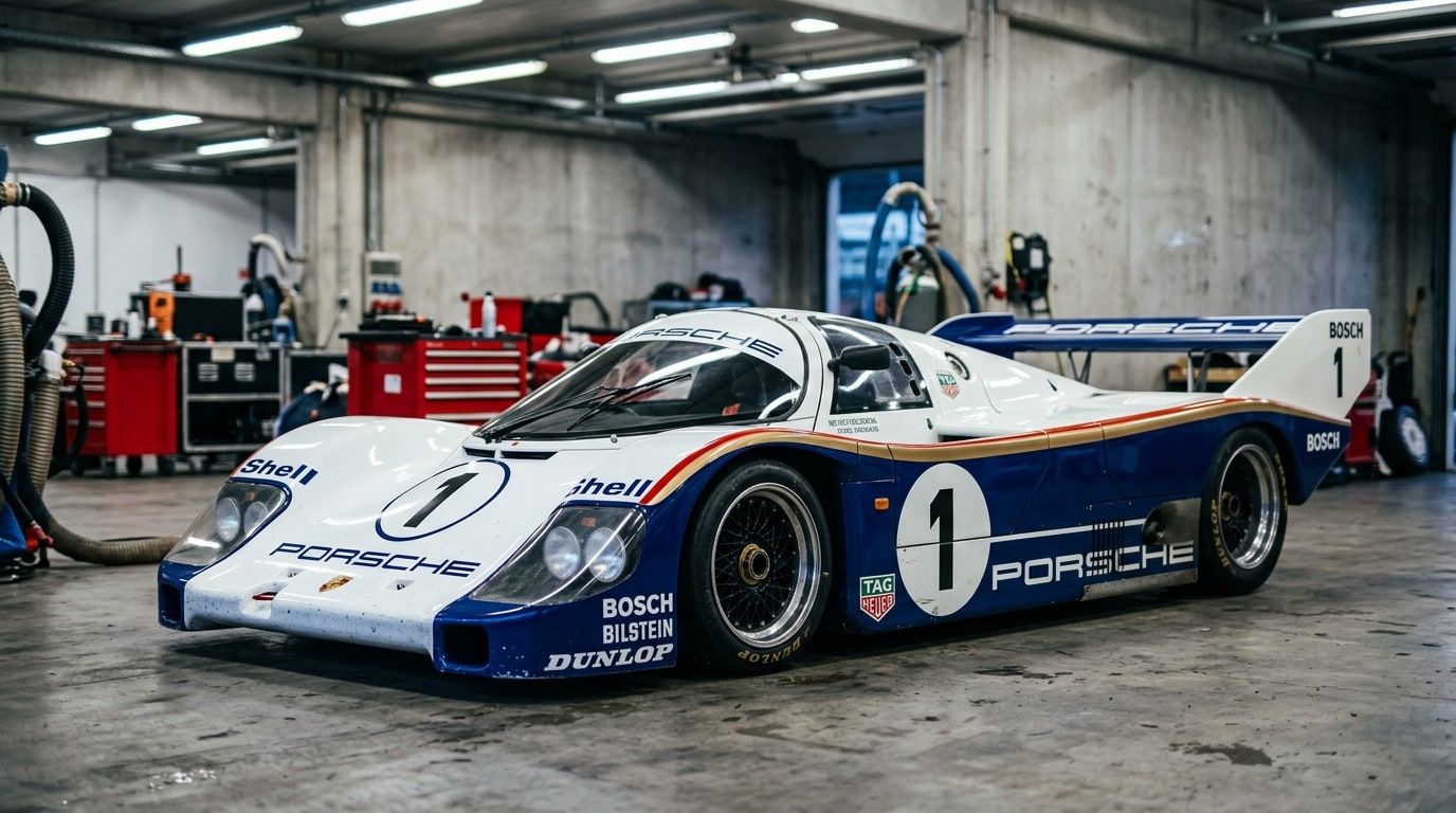 Porsche 956 Group C racing prototype in white with blue and gold stripes, front three-quarter view in a pit garage