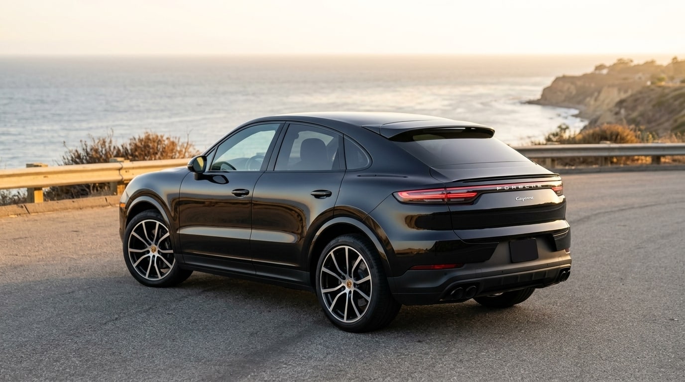 Black Porsche Cayenne Coupé from the rear three-quarter on a coastal road above Malibu