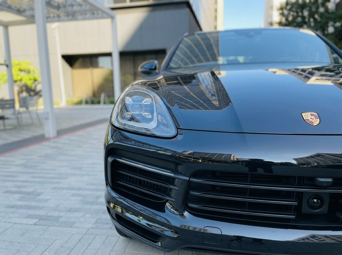 Four-point headlamp and front intake of the black Porsche Cayenne Coupé