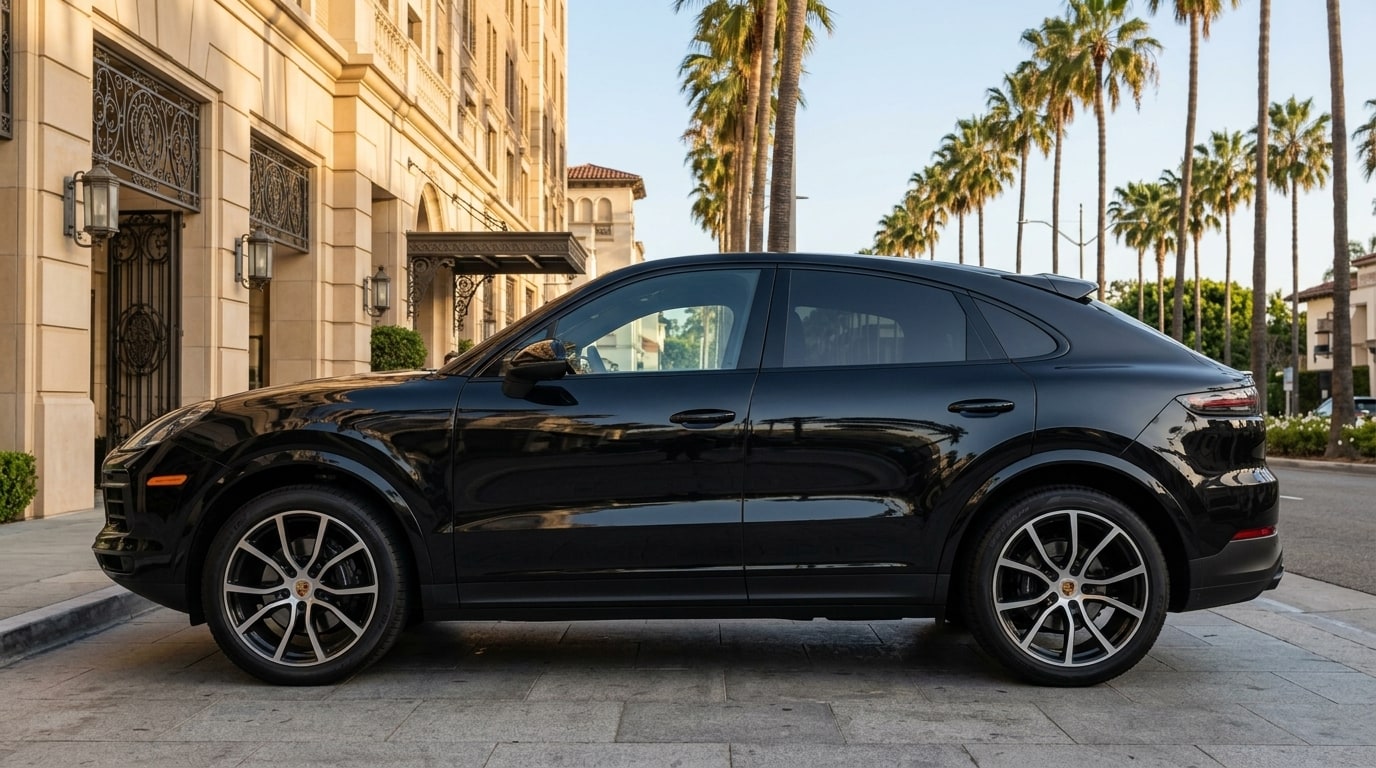 Black Porsche Cayenne Coupé in profile outside a Beverly Hills hotel