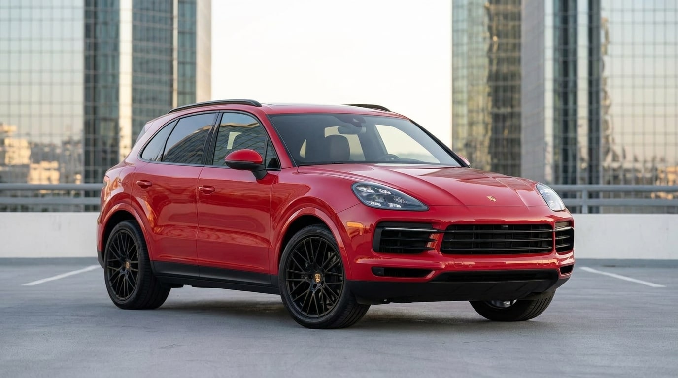 Red Porsche Cayenne on the top deck of a Century City parking structure, front three-quarter view