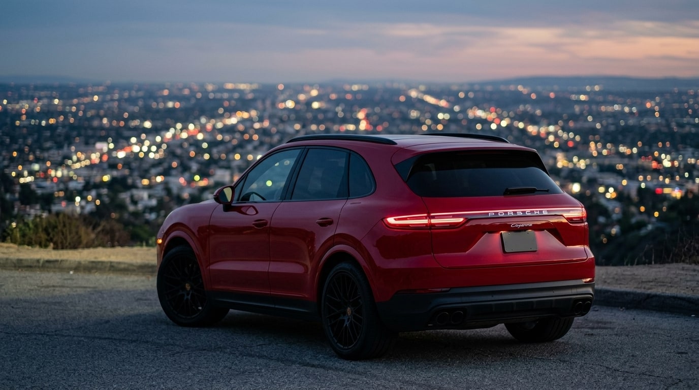Red Porsche Cayenne from the rear three-quarter on Mulholland Drive at dusk