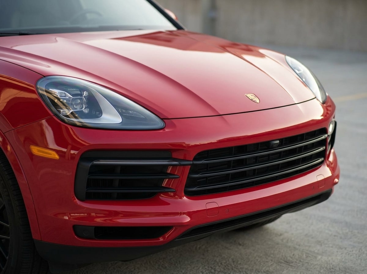 Four-point headlamp and front intake of the red Porsche Cayenne
