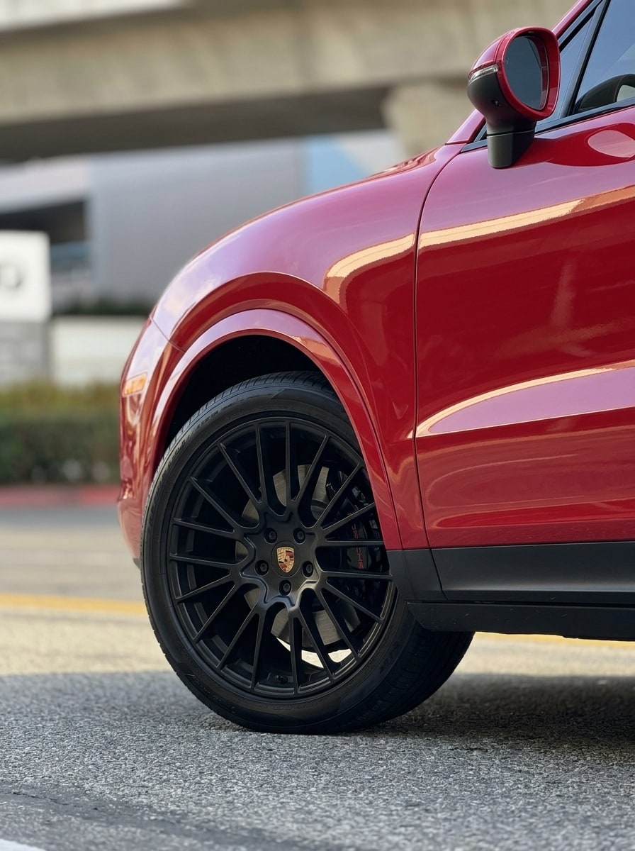 Front wheel and red flank of the red Porsche Cayenne