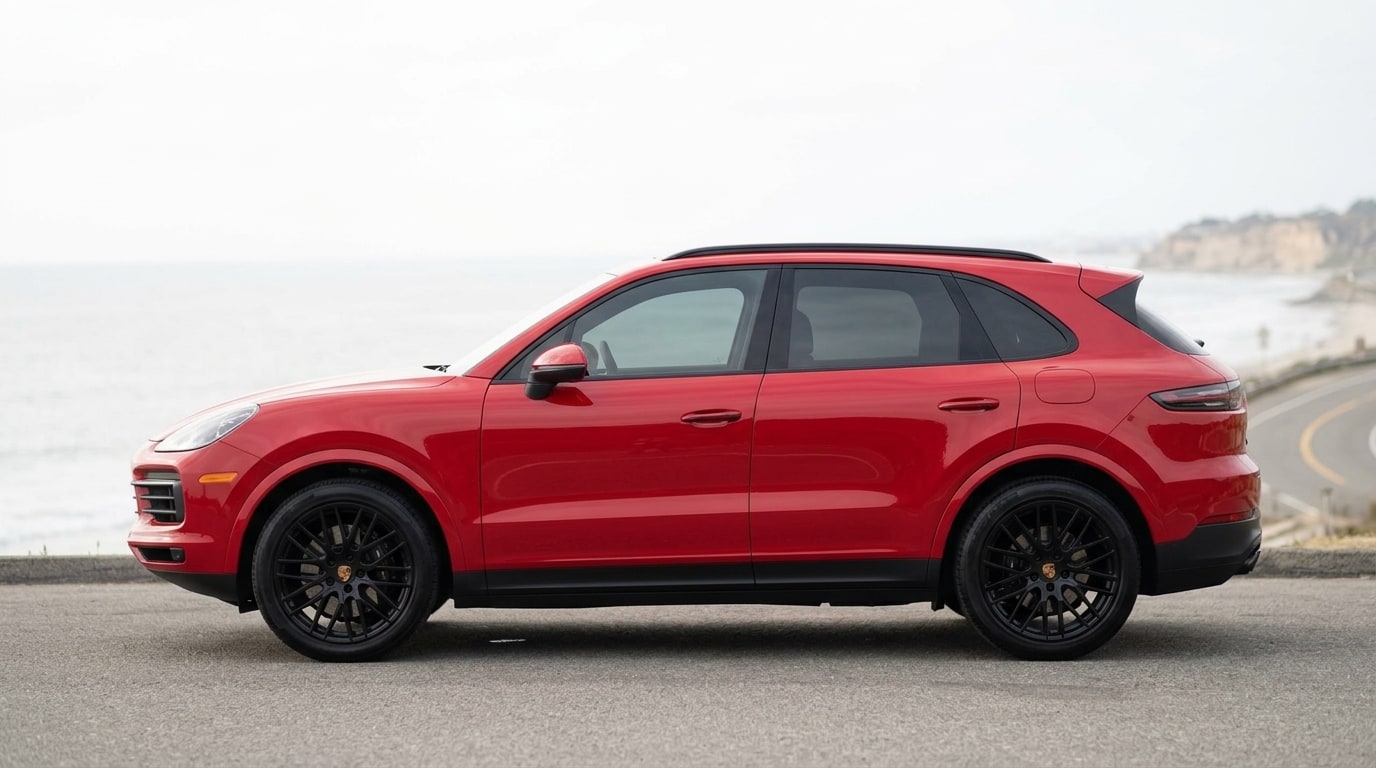 Red Porsche Cayenne in profile on Pacific Coast Highway