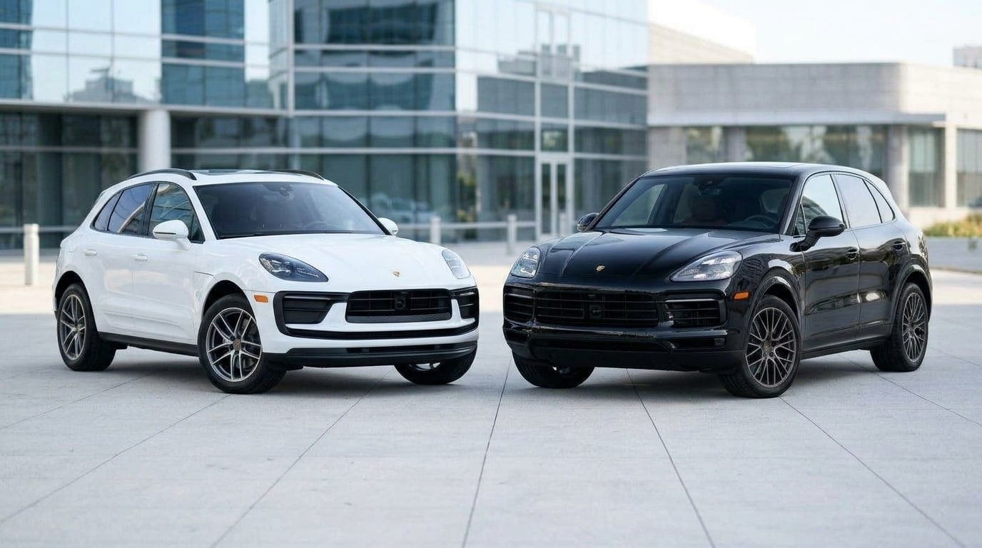 White Porsche Macan parked beside a black Porsche Cayenne outside a glass building in Los Angeles, showing the size difference between the two SUVs