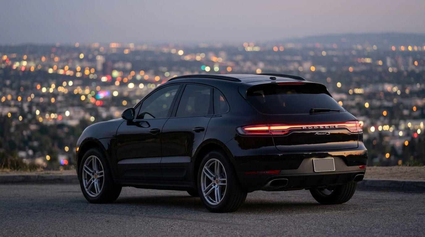 Black Porsche Macan from the rear three-quarter on Mulholland Drive at dusk