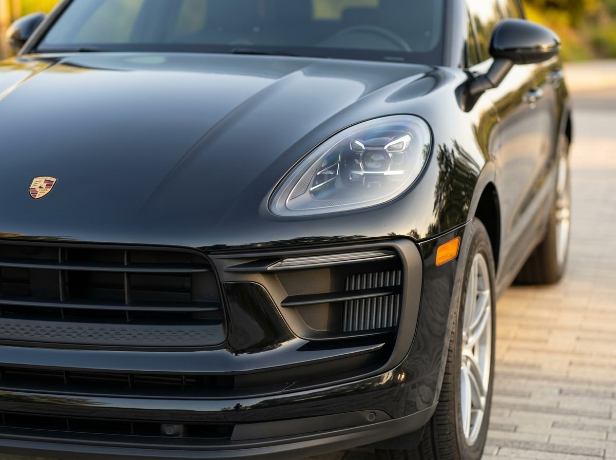 Headlamp and front slats of the black Porsche Macan