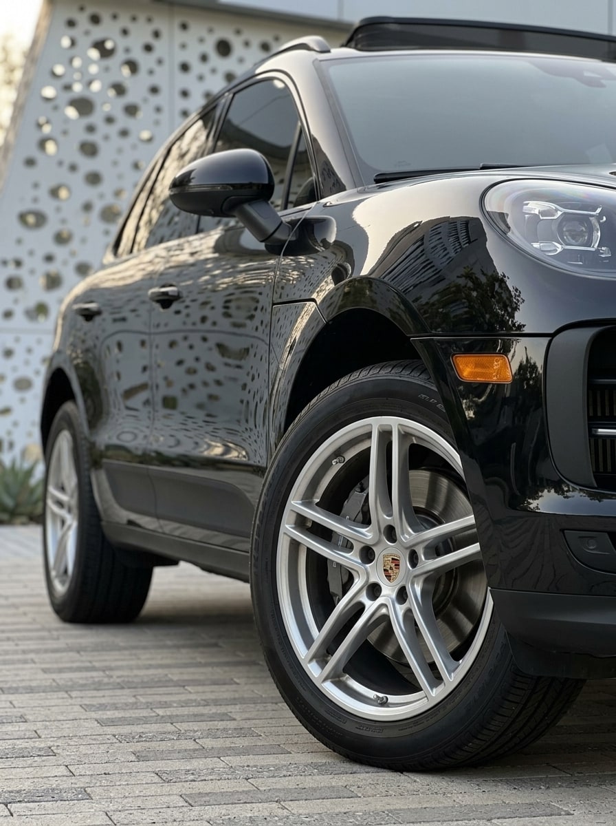 Front wheel and black flank of the black Porsche Macan