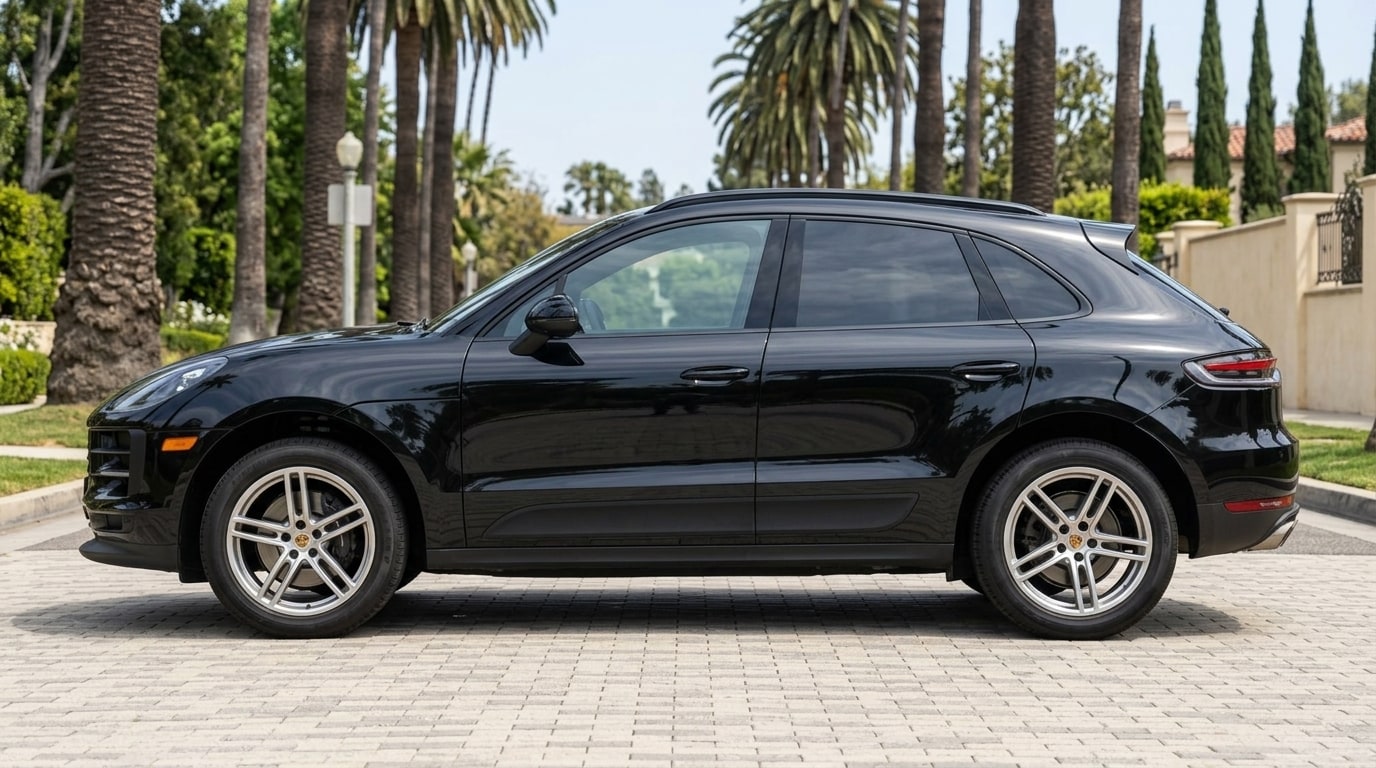 Black Porsche Macan in profile on a palm-lined Beverly Hills street