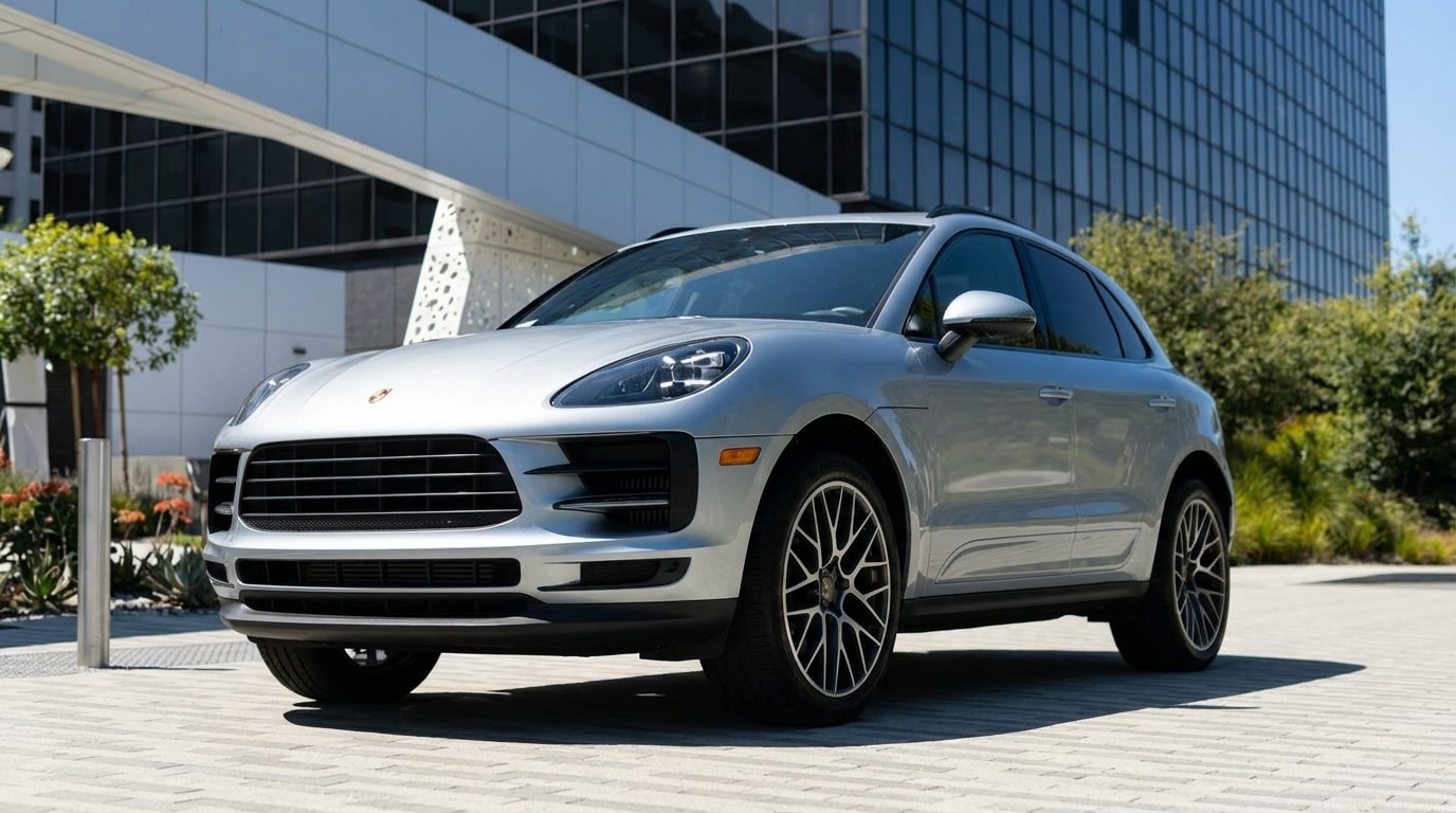 Silver Porsche Macan in the forecourt of a glass office block in Playa Vista, front three-quarter view