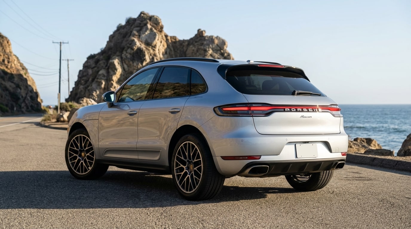 Silver Porsche Macan from the rear three-quarter on Pacific Coast Highway at Point Mugu