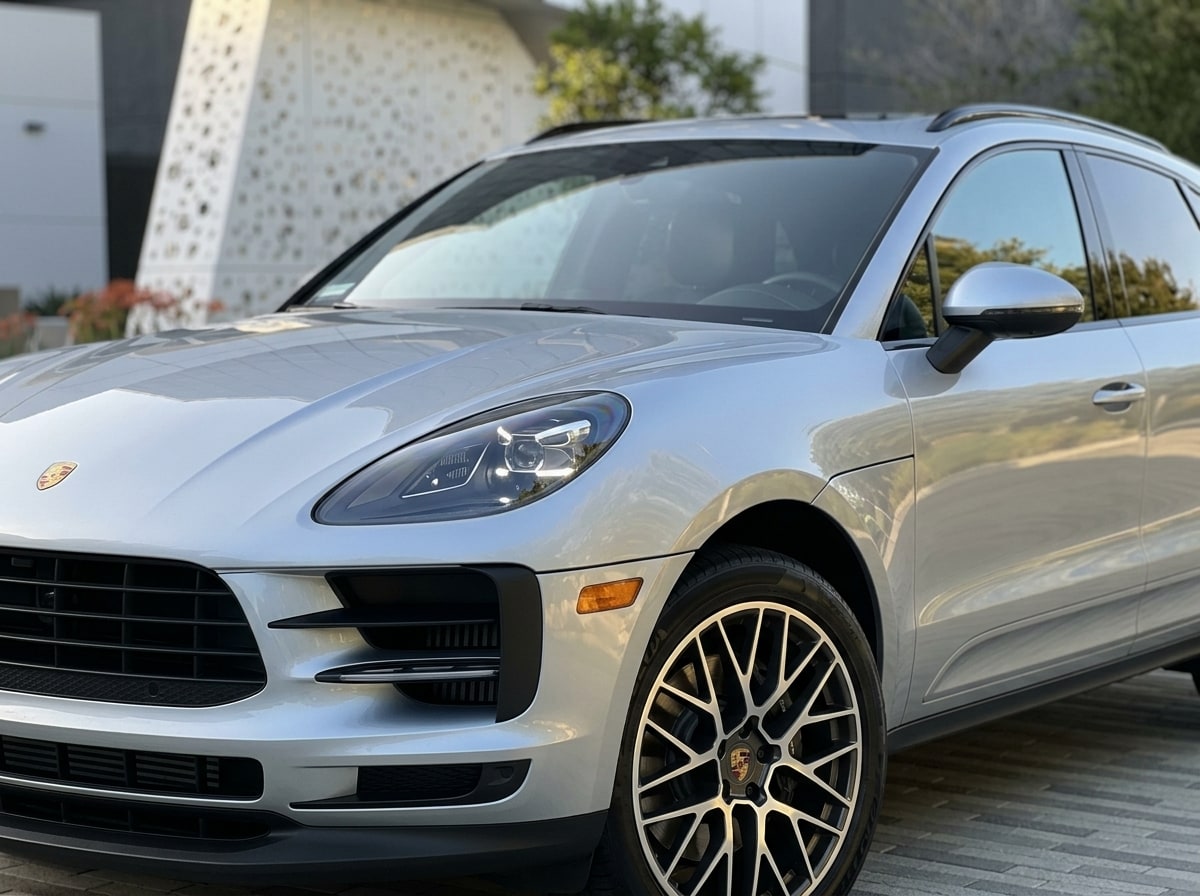 Headlamp and front slats of the silver Porsche Macan