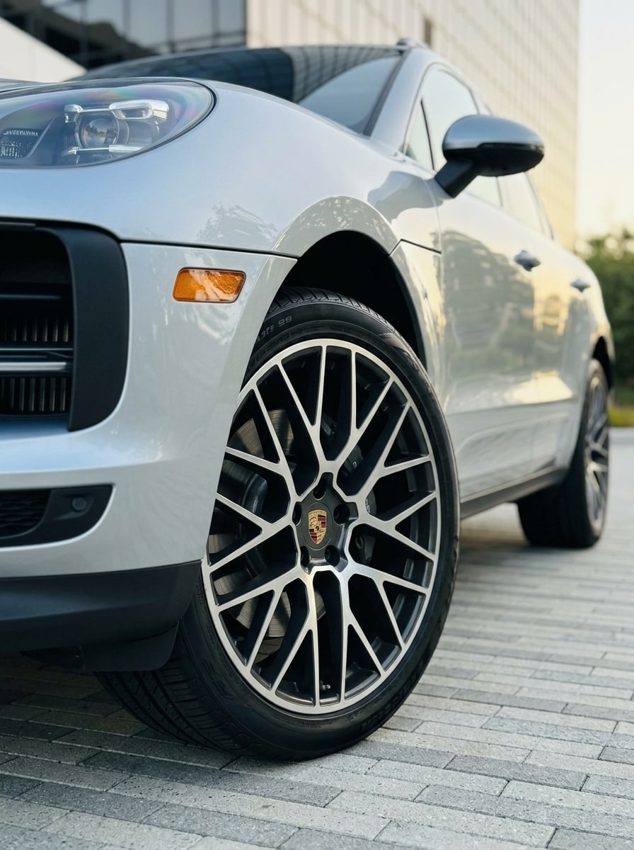 Front wheel and shoulder line of the silver Porsche Macan