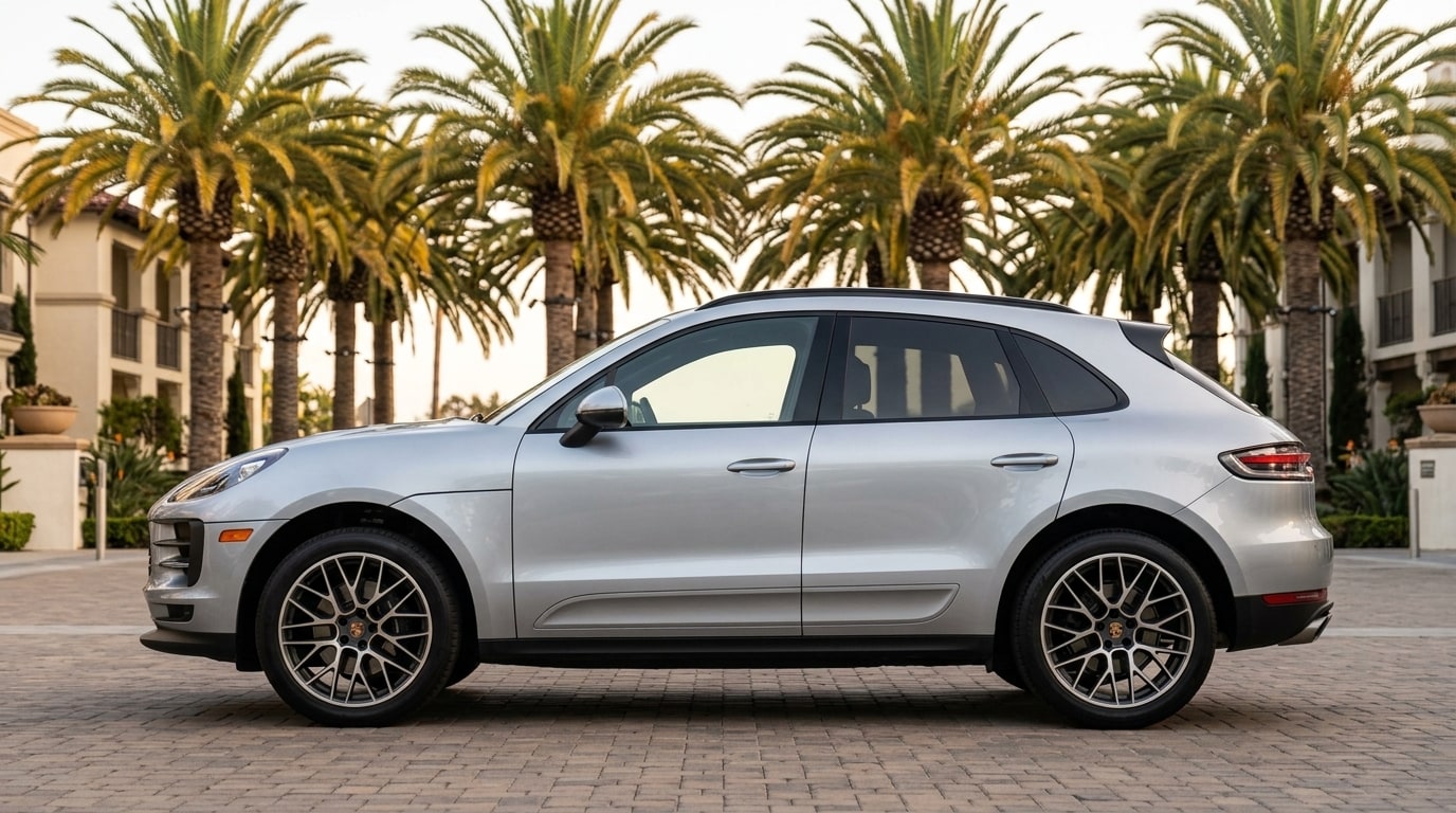 Silver Porsche Macan in profile outside a Santa Monica hotel