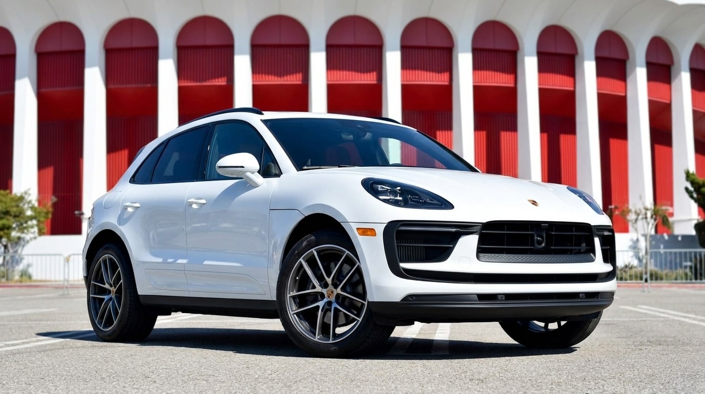 White Porsche Macan outside a mid-century arena in Inglewood, front three-quarter view