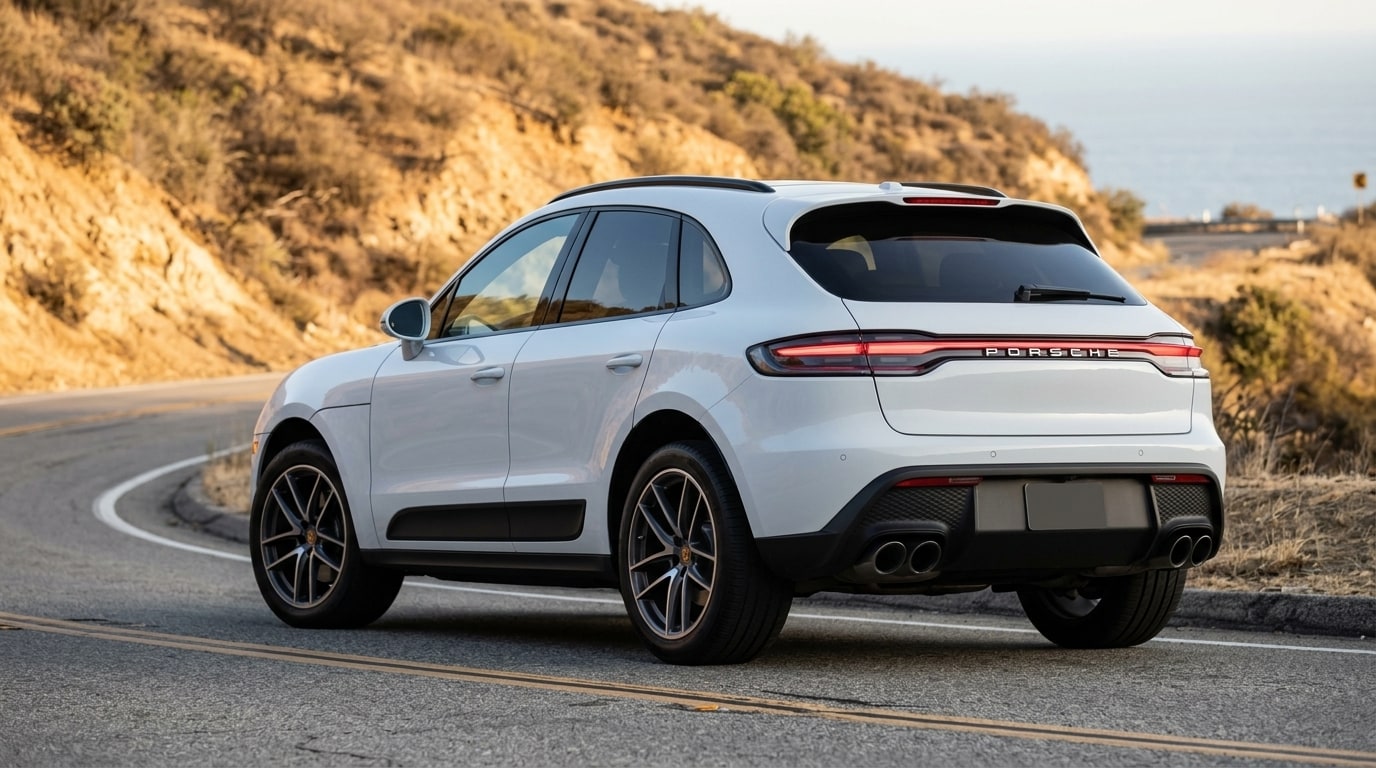 White Porsche Macan from the rear three-quarter on a canyon road above Malibu
