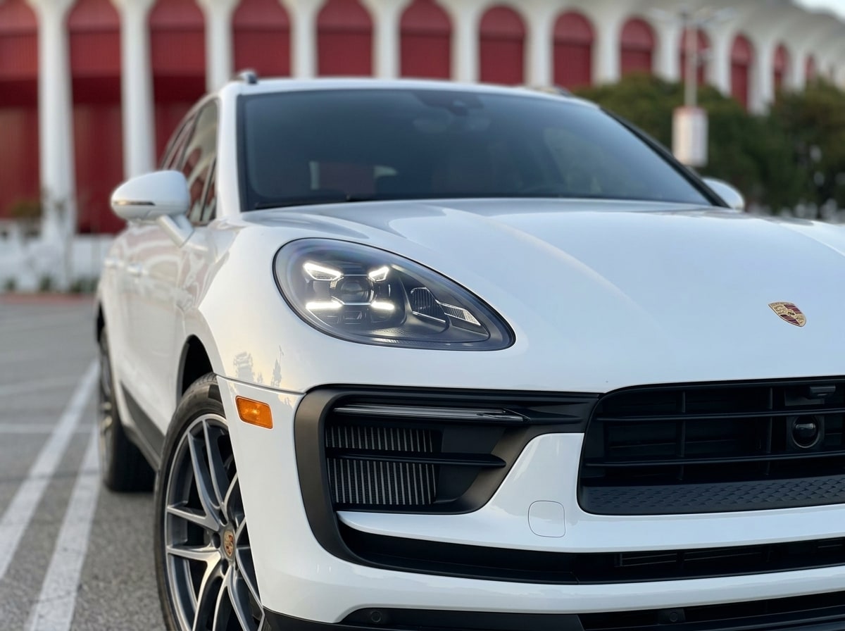 LED headlamp and front intake of the white Porsche Macan