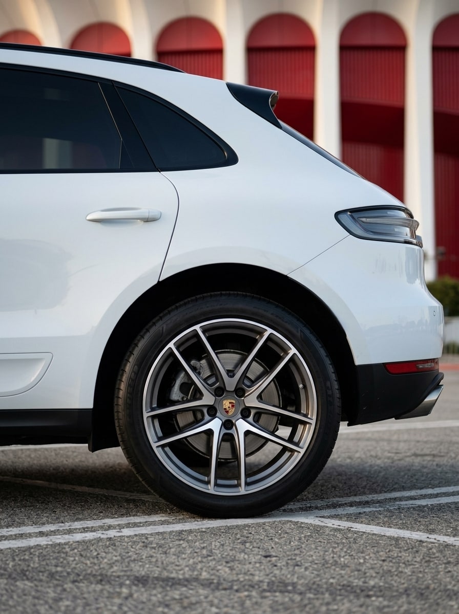 Rear wheel and flared arch of the white Porsche Macan