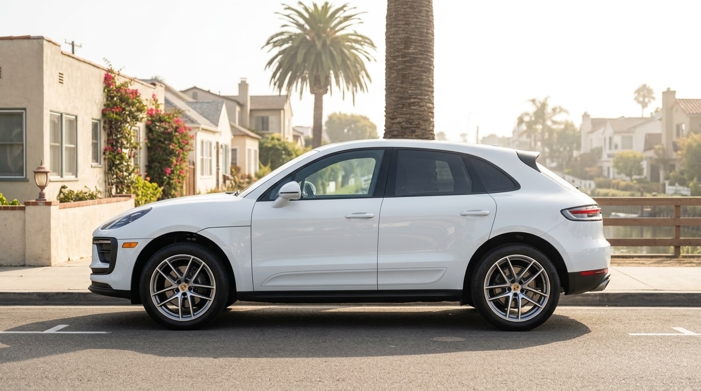 White Porsche Macan in profile on a Venice street