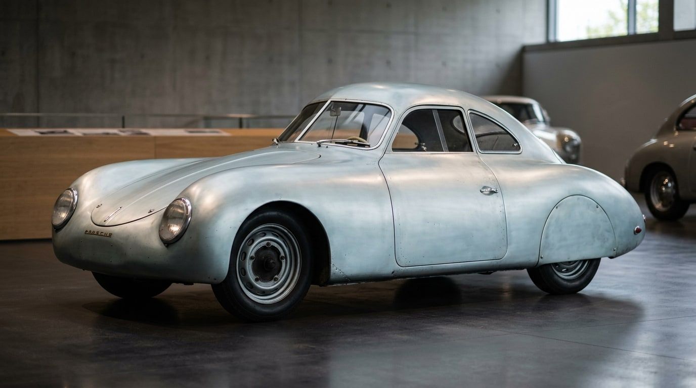 1939 Porsche Type 64 streamliner in pale silver-blue, side three-quarter view showing the teardrop body and covered rear wheels