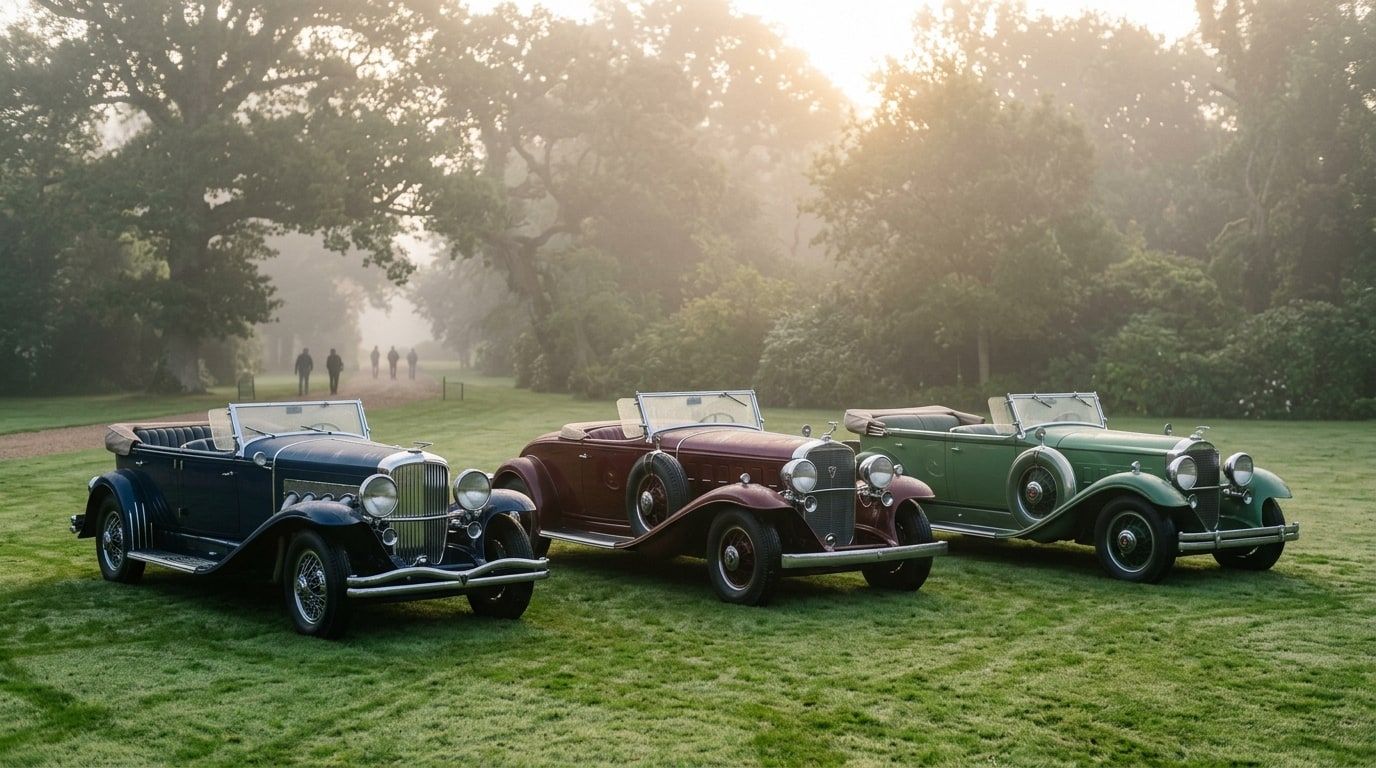 Three large pre-war American open tourers on a manicured lawn in morning mist