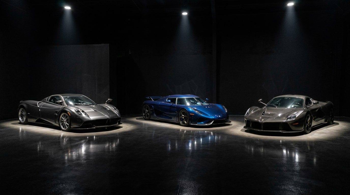 Three low hypercars lit by narrow spotlights in a dark private collection gallery