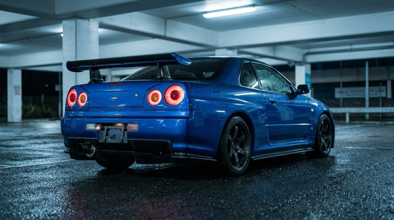Rear three-quarter view of a blue Japanese performance coupe with a large adjustable rear wing