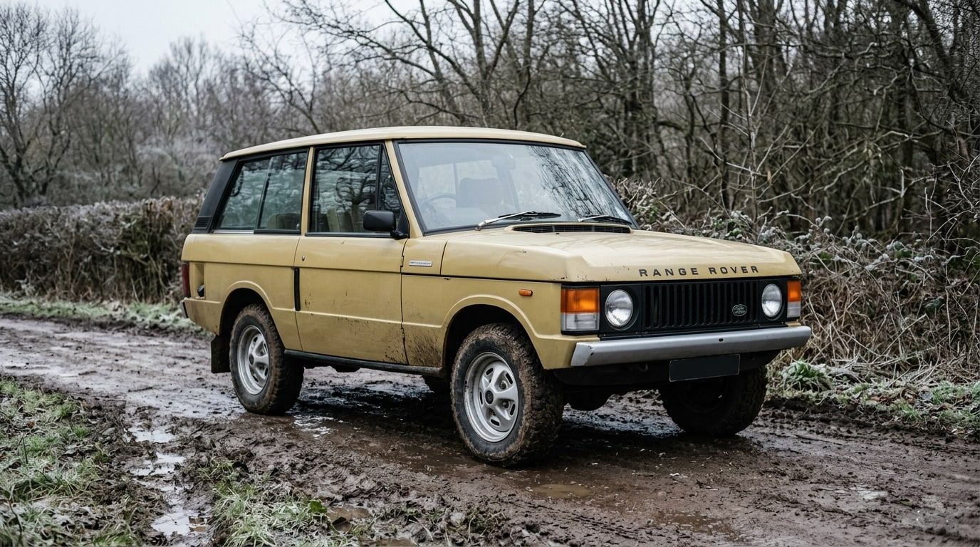 Pale gold 1970 two-door first-generation Range Rover on a muddy farm track