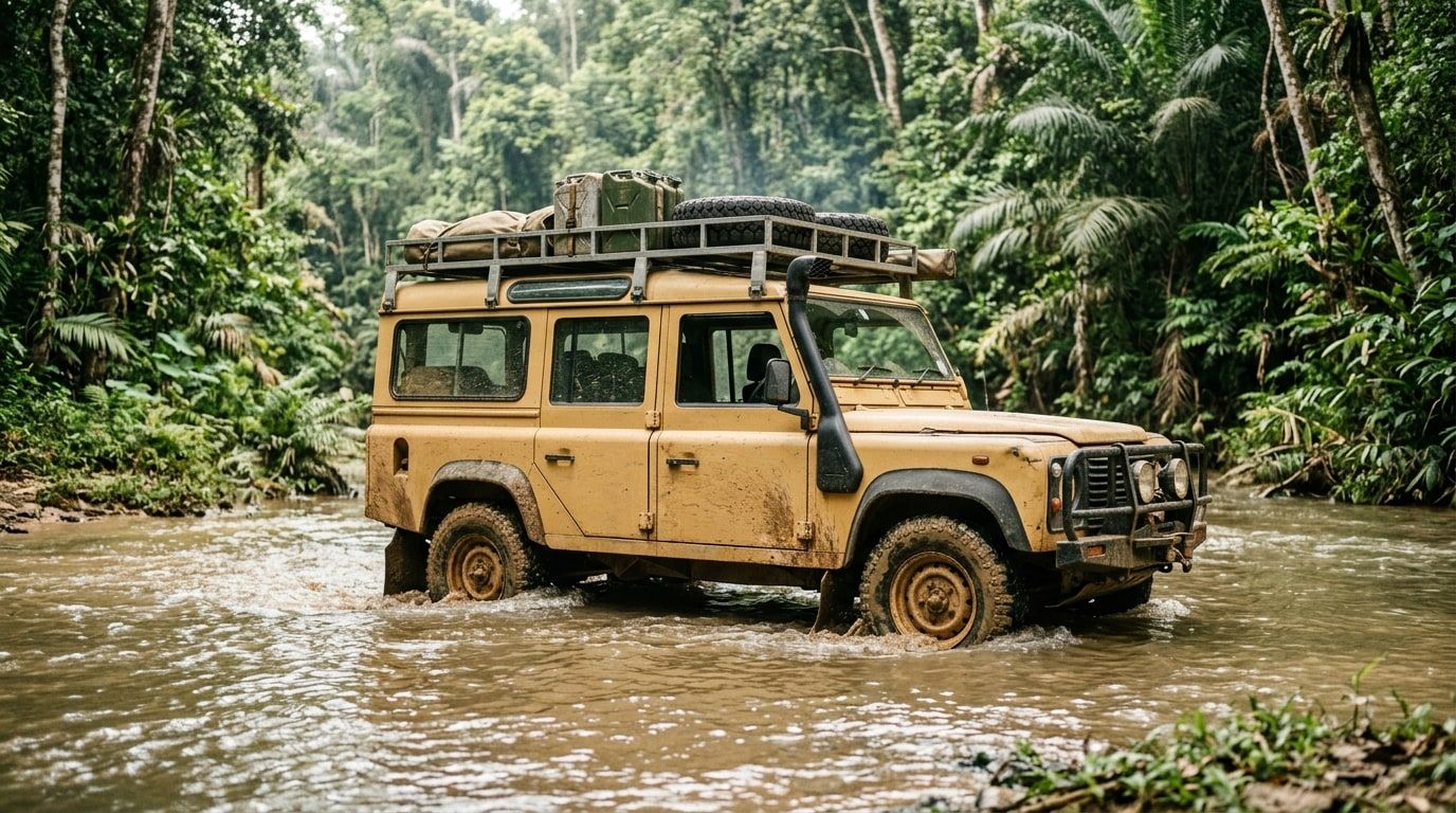 Mud-covered expedition Land Rover fording a jungle river with roof rack and jerry cans