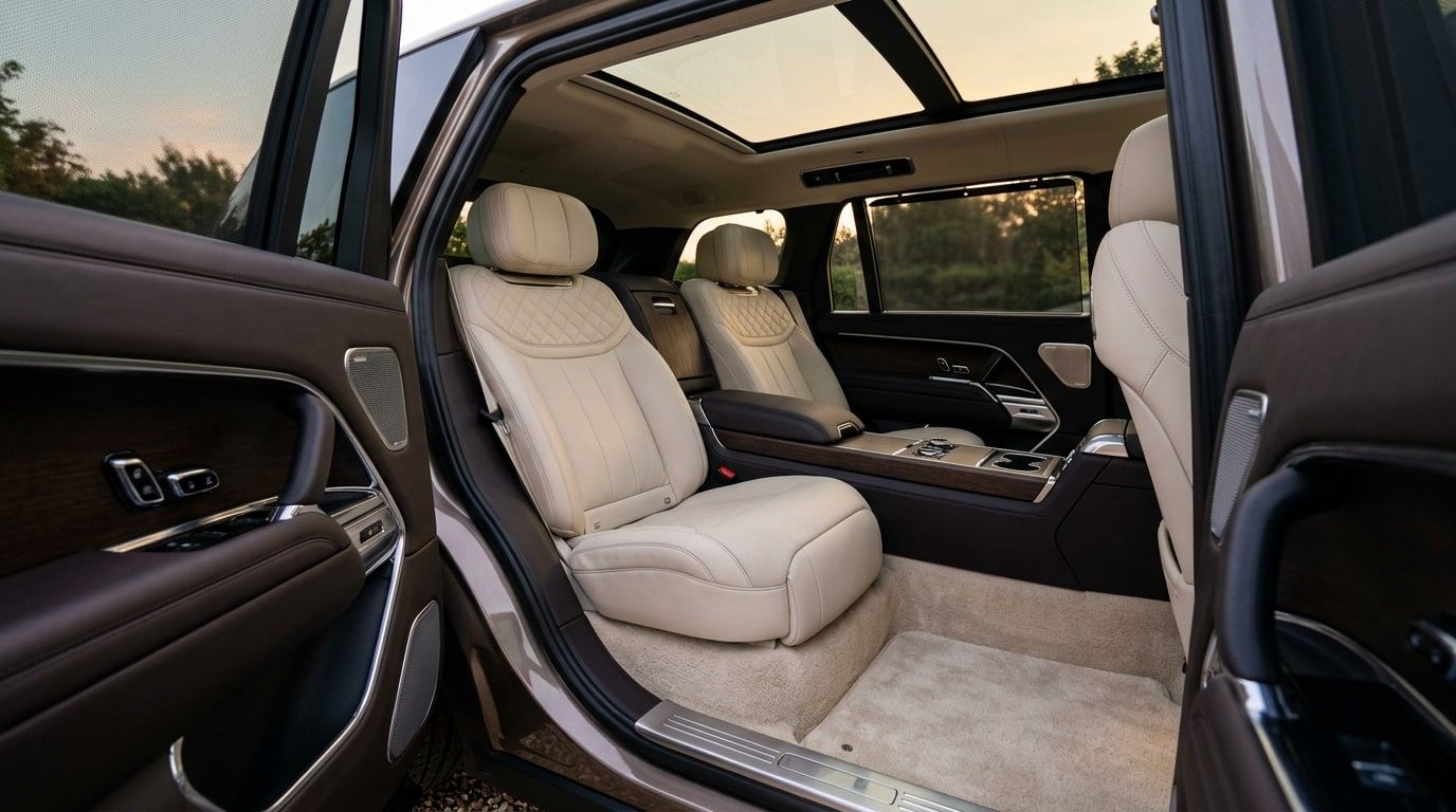 Rear cabin of a luxury SUV with quilted cream leather seats, wood trim and a panoramic roof