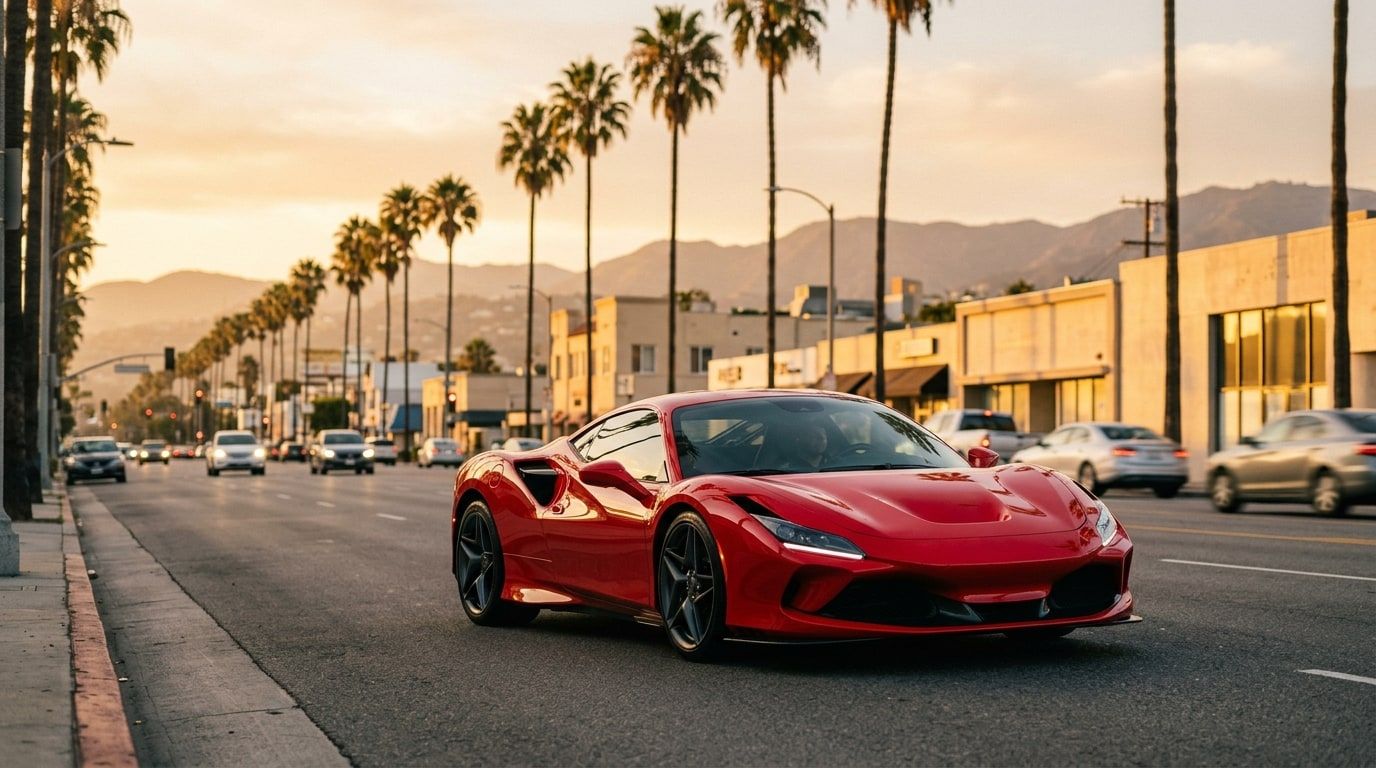 Red mid-engined supercar on a palm-lined Los Angeles boulevard at golden hour