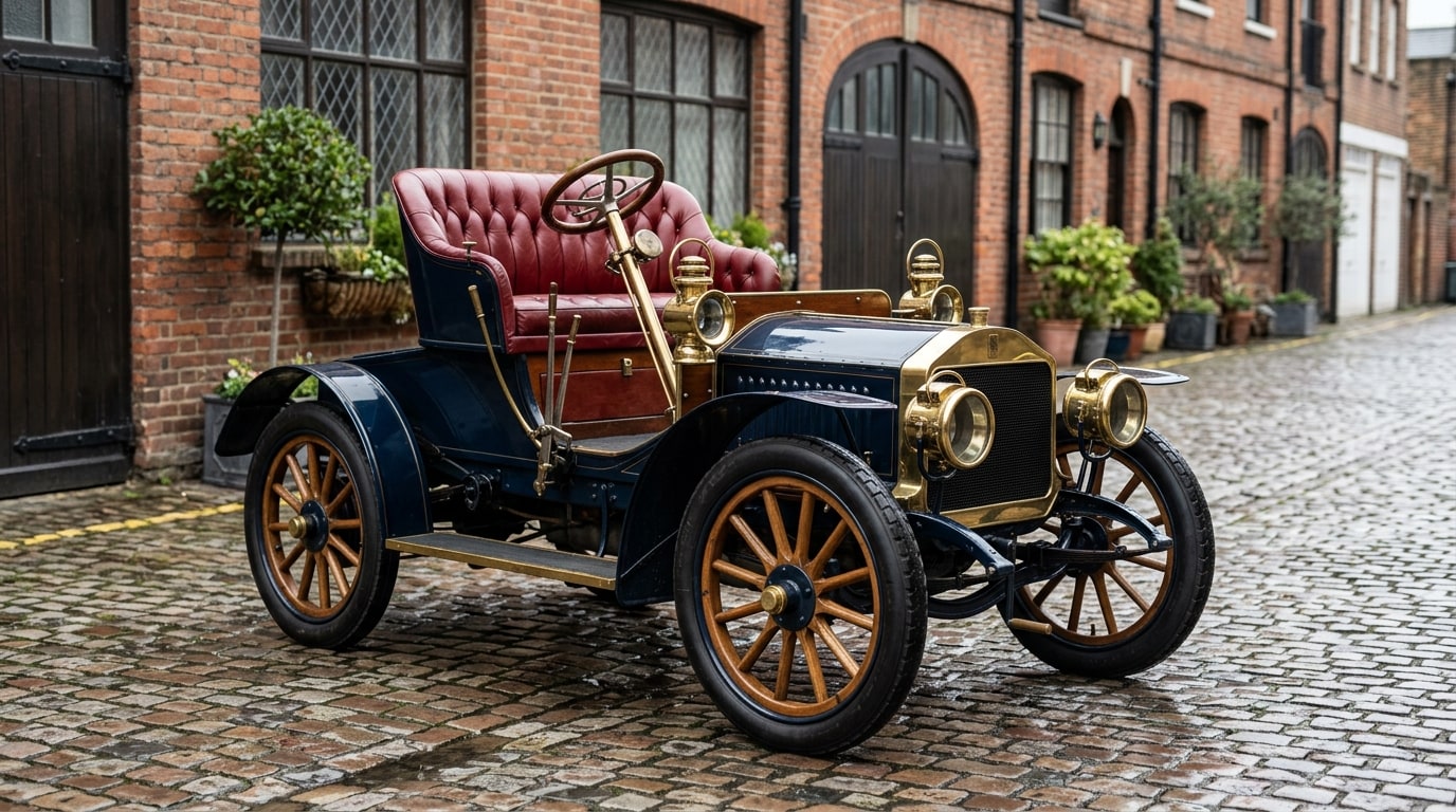 1904 Rolls-Royce 10 hp two-seater in dark blue with red leather and brass lamps, front three-quarter view on wet cobbles outside a brick mews