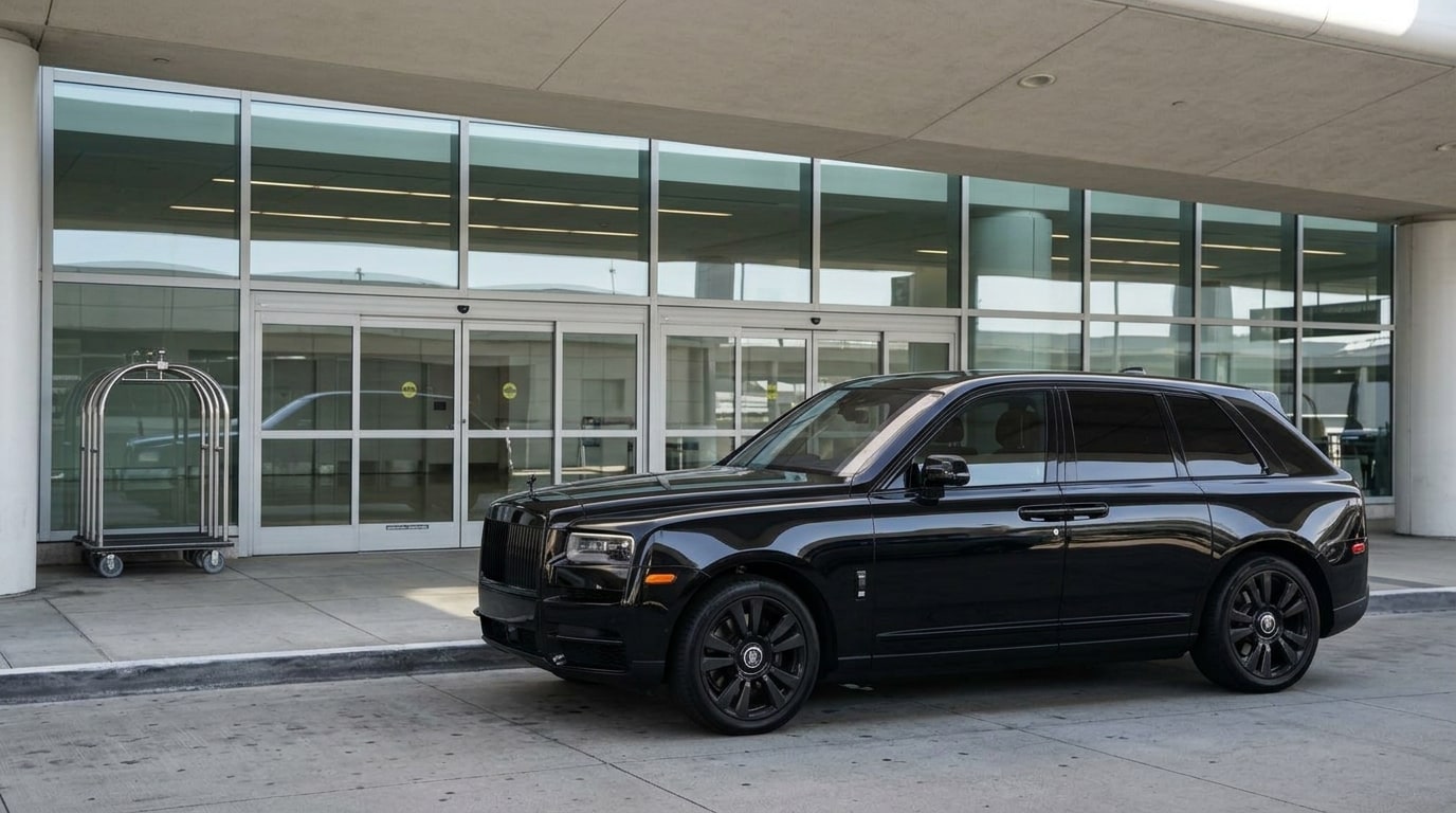 Black Rolls-Royce Cullinan waiting at the LAX terminal kerb for a VIP delivery