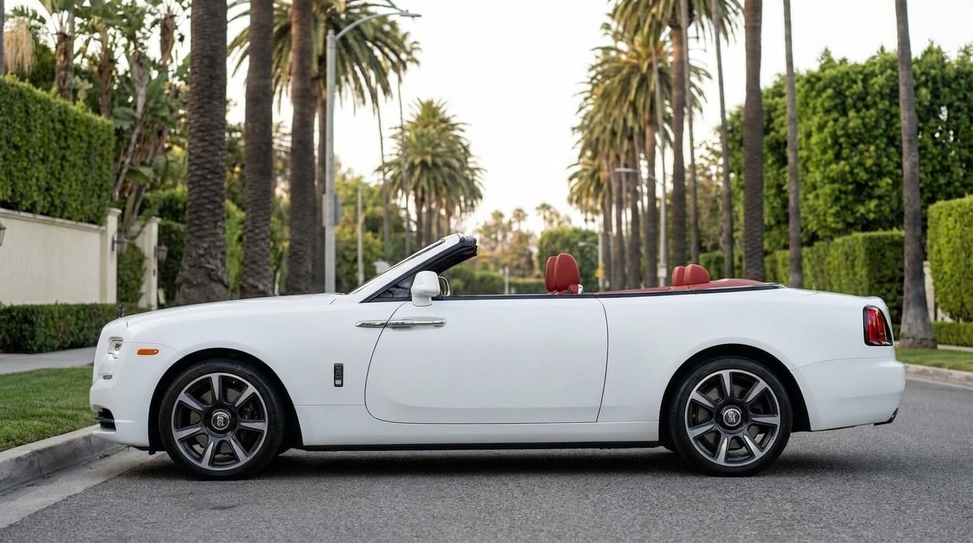 Matte white Rolls-Royce Dawn in profile with the roof down