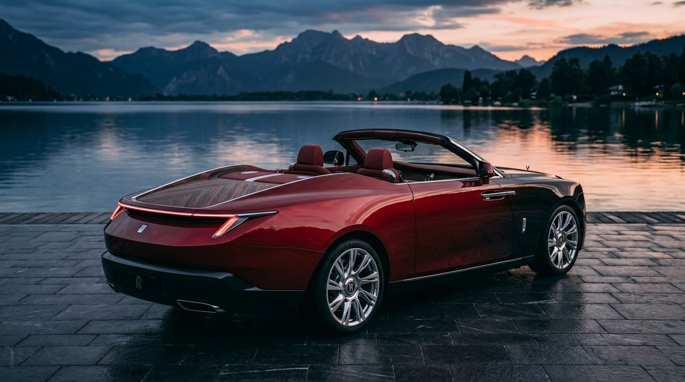 Deep red Rolls-Royce Droptail coachbuilt two-seat roadster with a wooden rear deck, rear three-quarter view on a lakeside quay at dusk