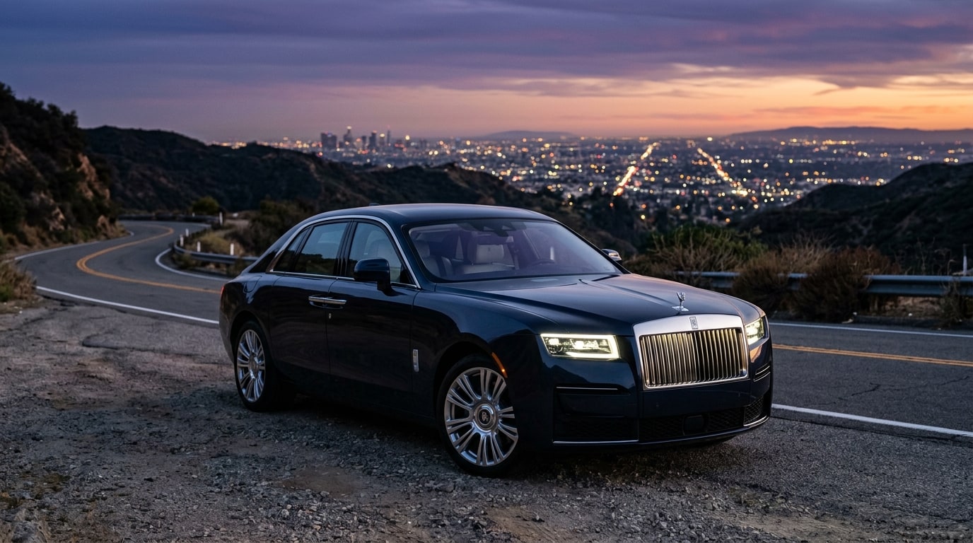 Dark blue Rolls-Royce Ghost saloon stopped on a canyon road above Los Angeles at dusk, seen from a low front three-quarter angle