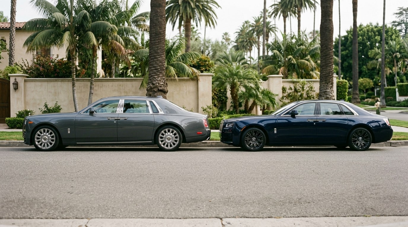 Graphite grey Rolls-Royce Phantom and dark blue Rolls-Royce Ghost saloons parked nose to tail in profile on a Beverly Hills street, showing the difference in length and height