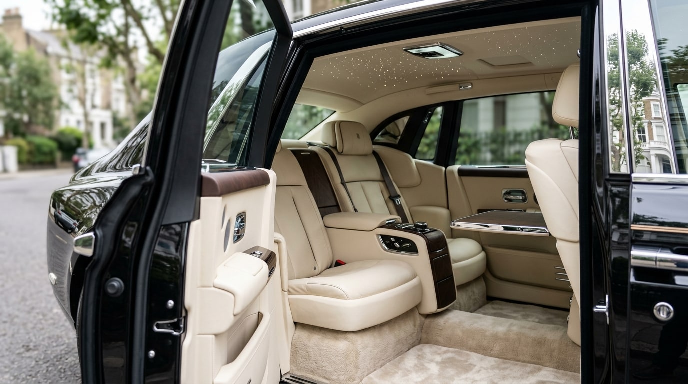 Rear compartment of a Rolls-Royce Phantom seen through the open coach door, with two cream leather reclining seats, a dropped picnic table and a starlight headliner