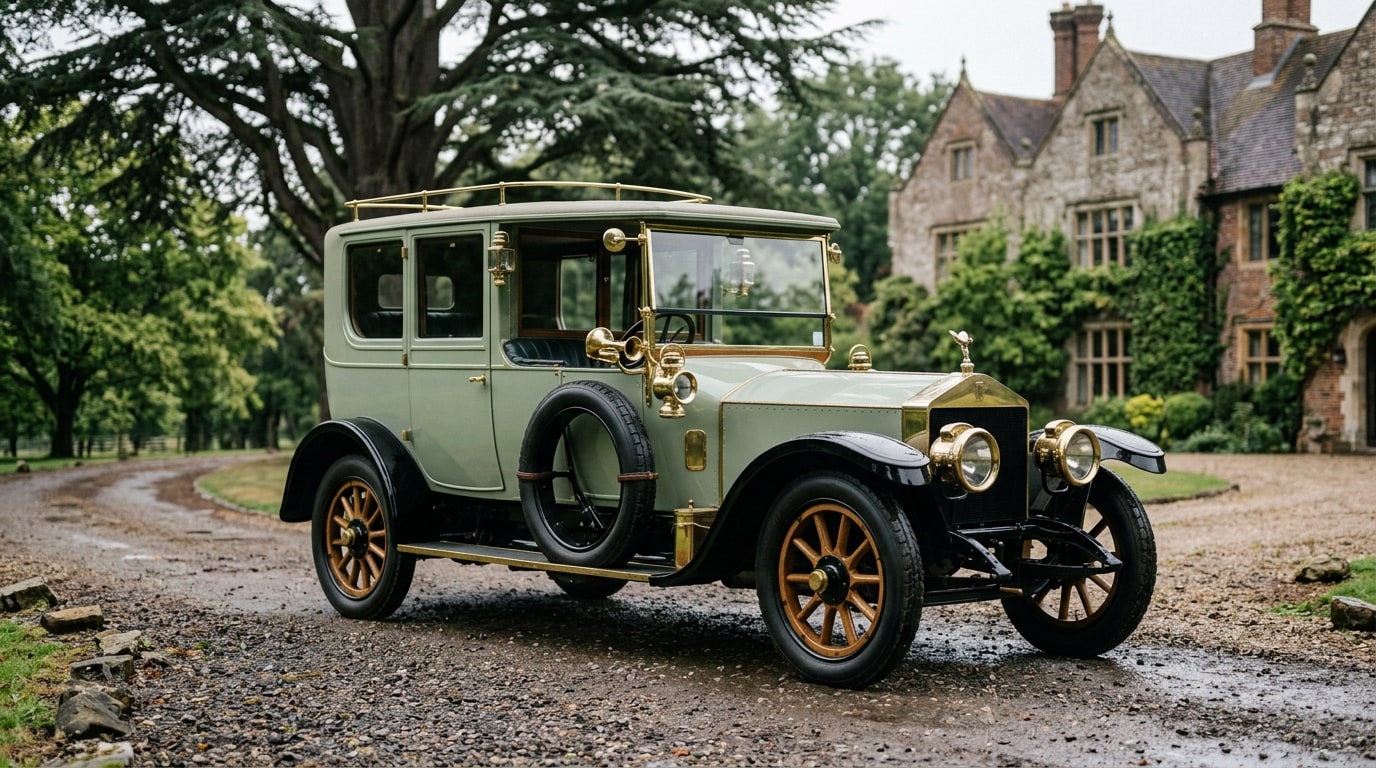 1912 Rolls-Royce Silver Ghost Double Pullman Limousine in pale green with brass lamps, front three-quarter view on a gravel drive before a country house