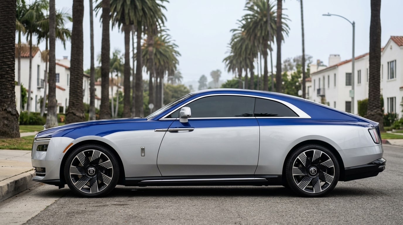 Two-tone blue and silver Rolls-Royce Spectre electric coupe in profile on a Los Angeles boulevard, showing its long coach door and fastback roofline