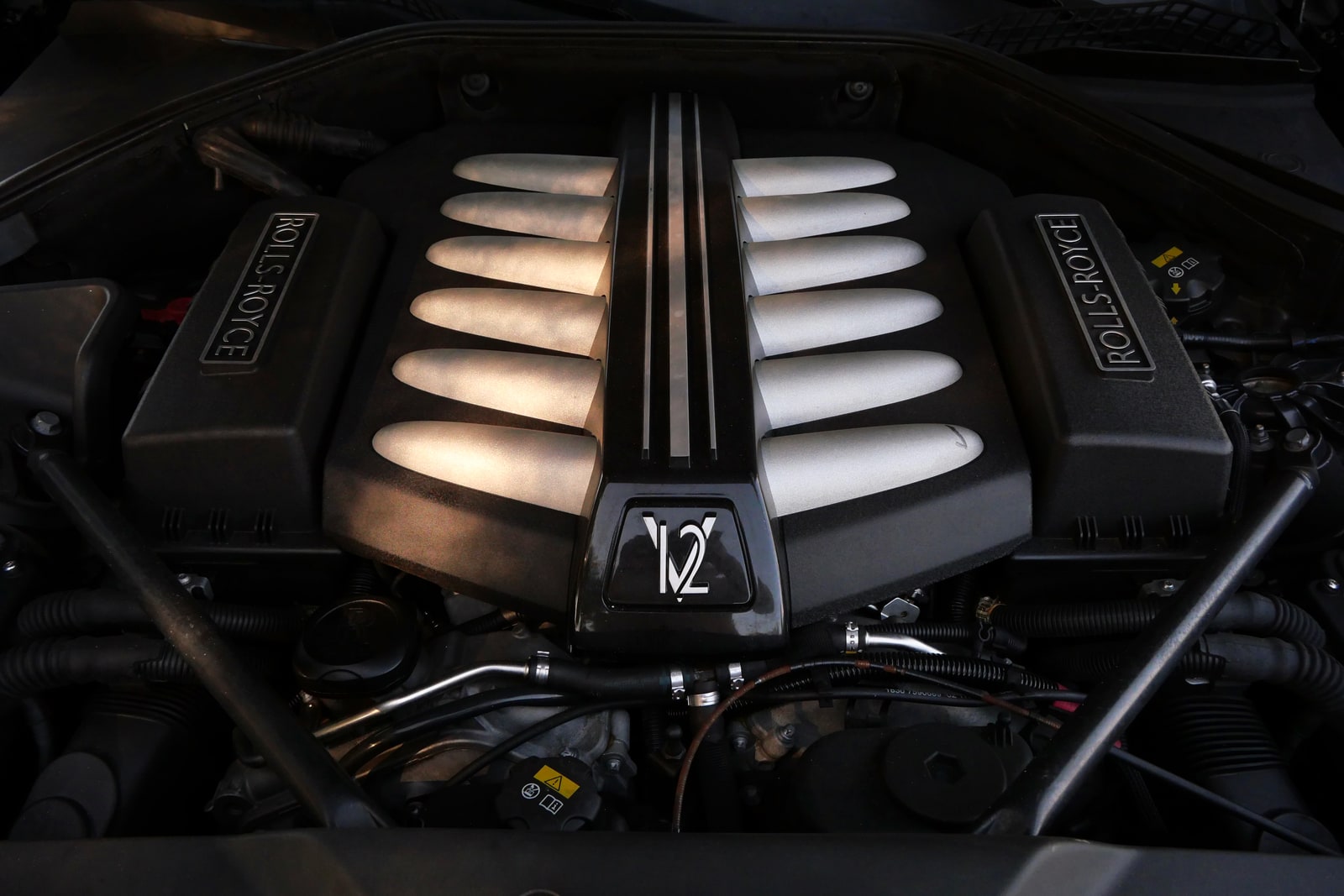 The 6.6-litre twin-turbo V12 engine bay of the Rolls-Royce Wraith