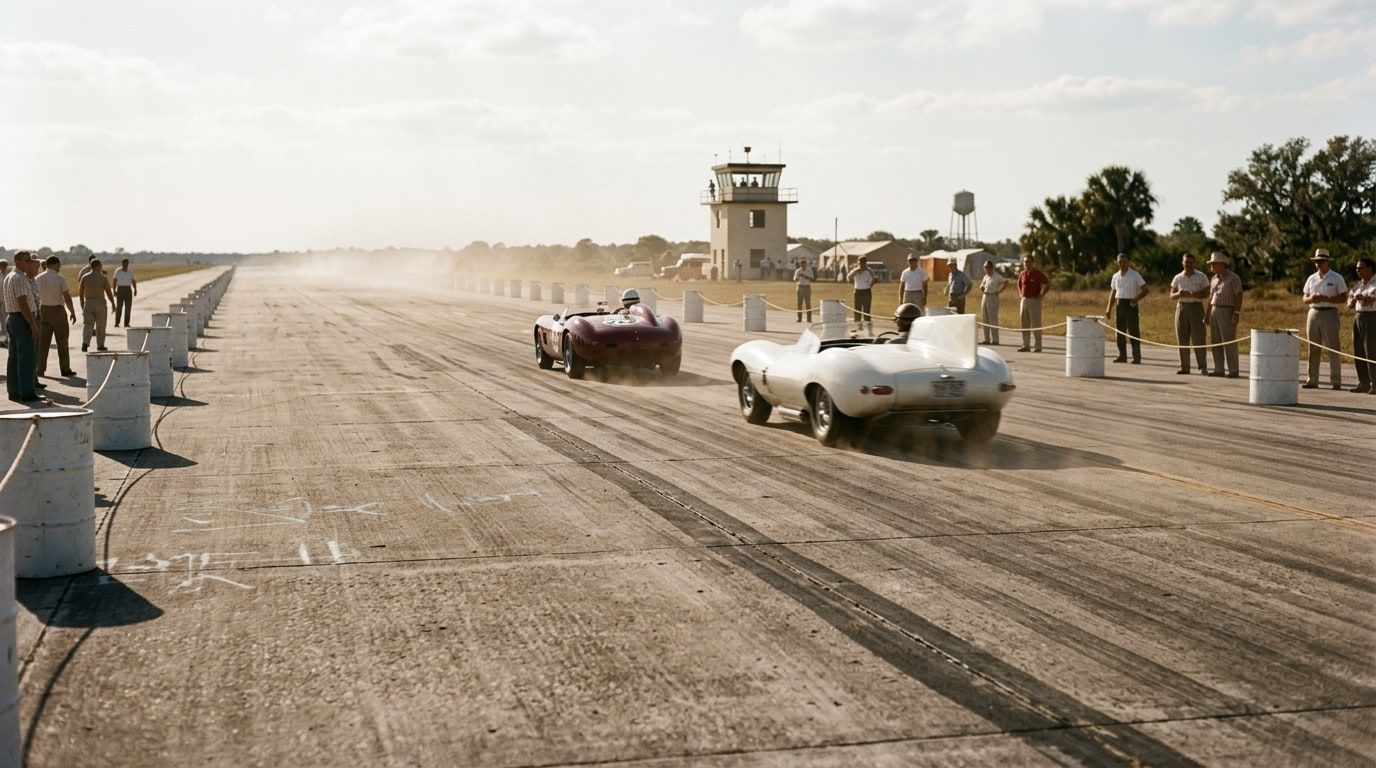 Open-cockpit sports racing cars on a converted airfield circuit in the 1950s, seen down a wide concrete straight