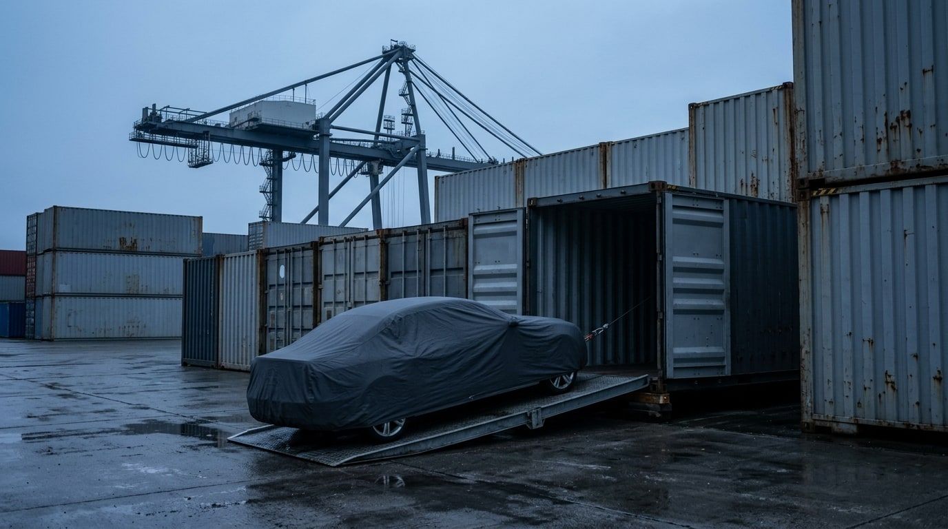Covered car being winched from an open shipping container at a port at dawn