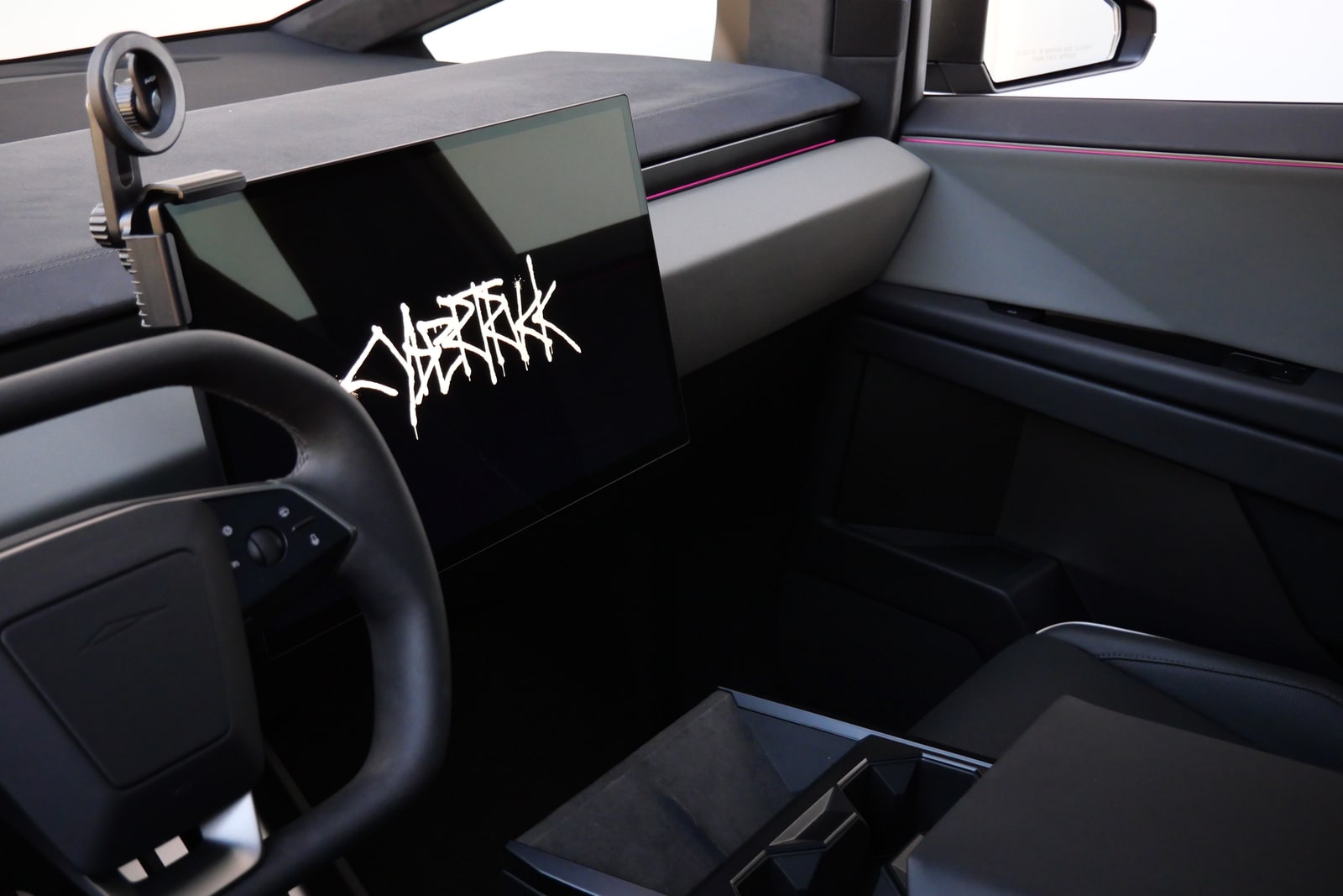 CYBRTRK graphic on the dashboard panel of the Tesla Cybertruck